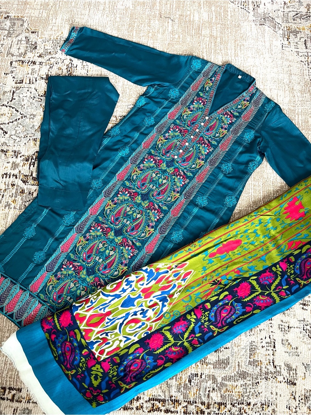 Teal Embroidered Ethnic Tunic Set with Vibrant Multicolor Dupatta